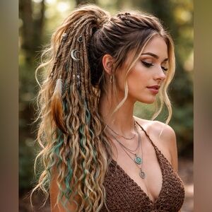 Bohemian Teal & Blonde Synthetic Dreadlock Hair Extension with Charms